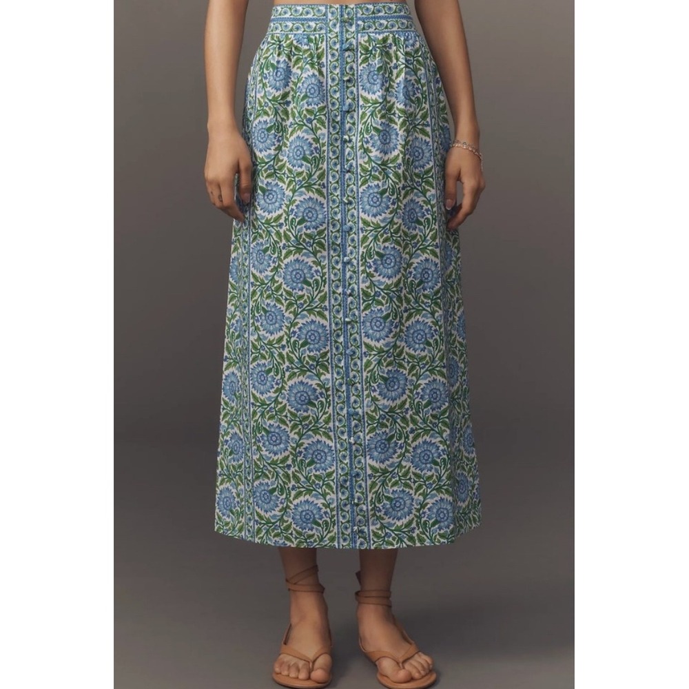 Pink City Prints Freya Skirt Peacock Border Blue Green Floral Midi Small NEW